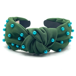 Green Knot Headband with Blue Pearls: Game Day Headband