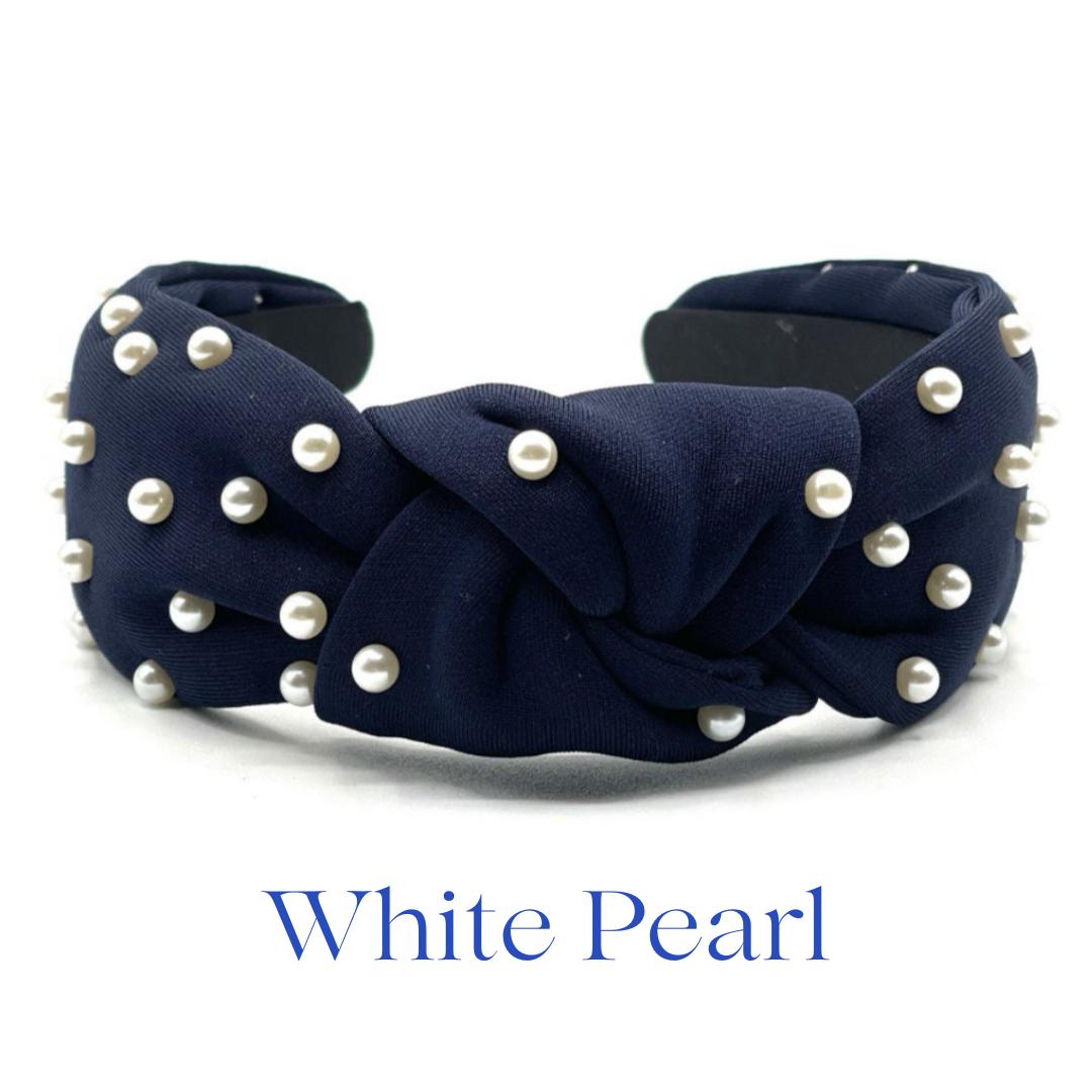 Pearl Studded Navy Headband ✨ Luxe Boutique Statement Hair Accessory Feminine Navy Blue Headband With Gold Studded Pearl Headbands for  main image 4