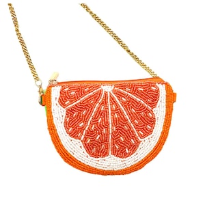 Citrus Perlen Geldbörse, Crossbody Beutel, Perlentasche mit goldener Kette und Clip-On-Schleifen Orange