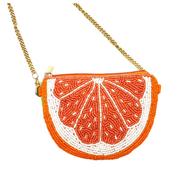 Citrus Perlen Geldbörse, Crossbody Beutel, Perlentasche mit goldener Kette und Clip-On-Schleifen Orange