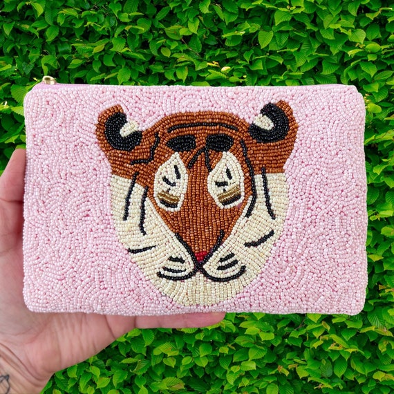 TIGER Bead Pouch Pink Beaded Bag for Women Pink Purse for Girls Small Bag  for Purse Accessories for Ladies, Easter Basket Gifts for Her, LSU 