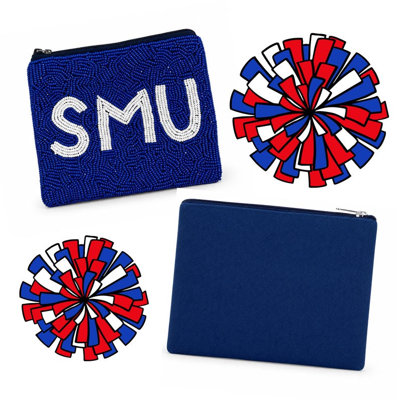 May include: A blue beaded pouch featuring the white text SMU, a plain blue fabric pouch with a zipper, and two circular pom-poms with red, white, and blue strips. The beaded pouch has a dark zipper closure along the top edge.