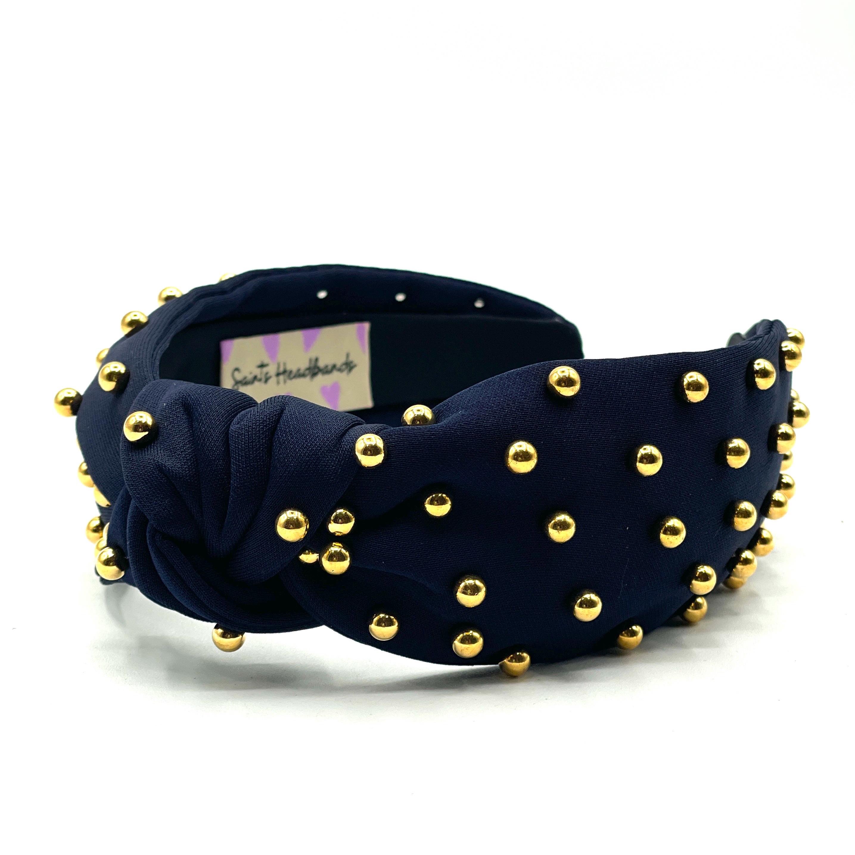 Pearl Studded Navy Headband ✨ Luxe Boutique Statement Hair Accessory Feminine Navy Blue Headband With Gold Studded Pearl Headbands for  main image 3