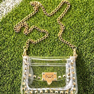May include: A clear, rectangular crossbody bag with gold-colored chain strap and hardware. The bag is adorned with gold-colored pyramid studs along the edges and features a gold-colored clasp.