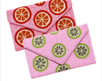 Citrus Beaded Clutch Pink and Green Beaded Purse Pink and Orange Beaded Bag Tropical Vacation Gift for Her Fruit Inspired Evening Bag Women