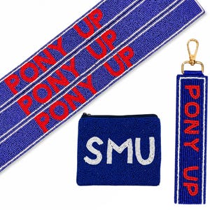 May include: A blue beaded strap with white stripes and the red text PONY UP repeated, a small blue beaded zippered pouch with the white text SMU, and a blue beaded keychain with white stripes and the red text PONY UP and a gold metal clasp.