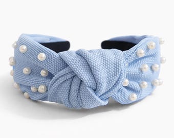 Carolina Blue Knotted Headband: Pearl Beaded Preppy Accessory