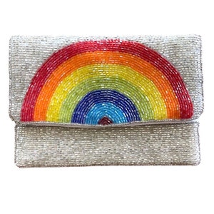 Rainbow Purse Beaded Clutch, Silver Beaded Purse, Beaded Bag, Gay Pride Gift, Lesbian Bachelorette