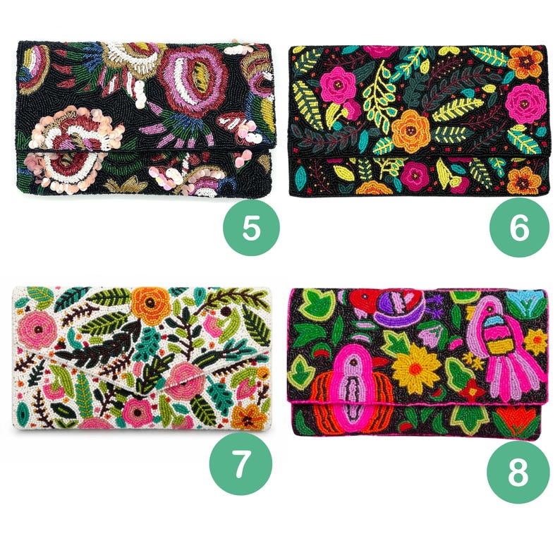 May include: Four rectangular clutch bags featuring intricate beadwork. Clutch 5 has a black base with large floral patterns. Clutch 6 has a black base with dense colorful flowers and leaves. Clutch 7 has a white base with floral motifs. Clutch 8 has a black base with stylized birds and flowers.