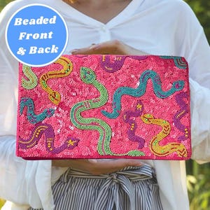 Bolso de serpiente rosa con cuentas brillantes, bolso de mano de serpiente, bolso de verano, bolso de mano único con lentejuelas rosas y cuentas, accesorios de serpiente.