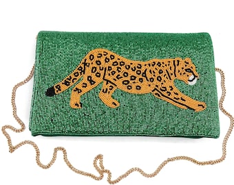 Green Beaded Leopard Clutch, Holiday Crossbody Evening Bag