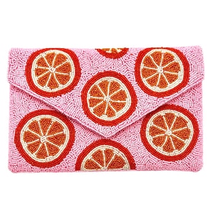 Citrus Beaded Clutch Beaded Purse Vibrant Orange Slice Design on Pink Handcrafted Evening Bag image 1