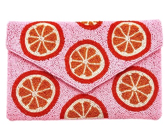 Citrus Beaded Clutch Beaded Purse Vibrant Orange Slice Design on Pink Handcrafted Evening Bag