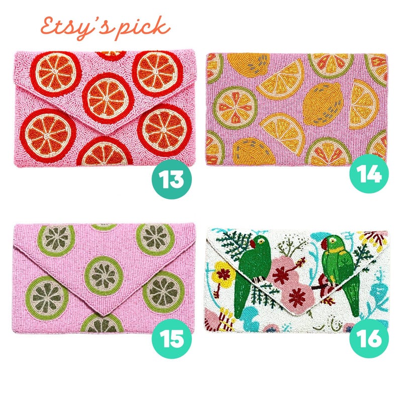 May include: Four rectangular beaded clutch bags. Number 13 is pink with orange citrus slices. Number 14 is pink with yellow lemon slices. Number 15 is pink with green lime slices. Number 16 is white with green parrots and pink flowers.