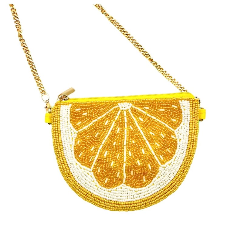 Citrus Perlen Geldbörse, Crossbody Beutel, Perlentasche mit goldener Kette und Clip-On-Schleifen Lemon