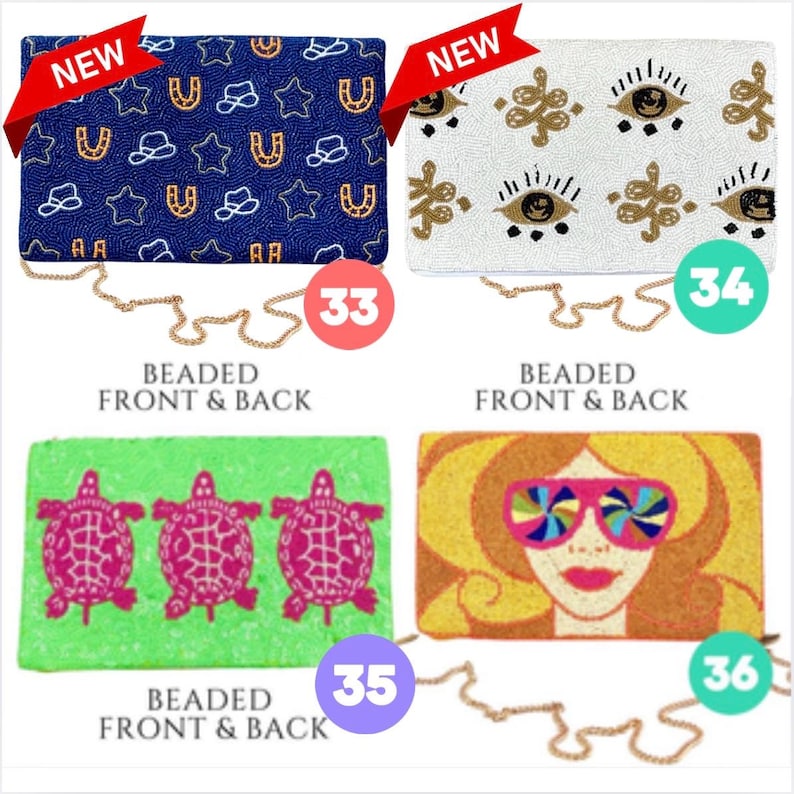 May include: Four rectangular beaded clutch bags with gold chain straps. Number 33 is blue with white cowboy hats and stars and gold horseshoes. Number 34 is white with gold eyes and symbols. Number 35 is green with pink turtles. Number 36 features a face.