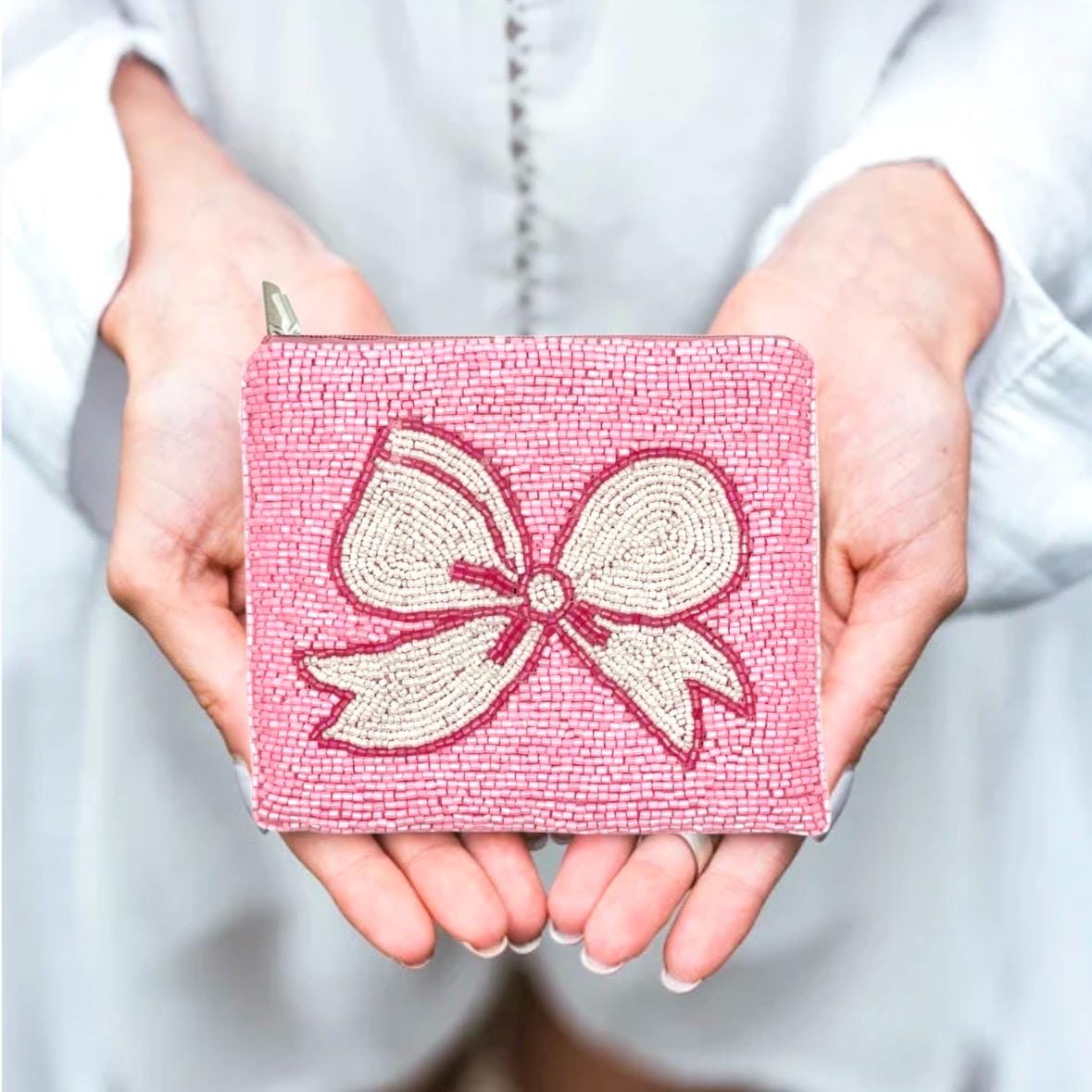 Pink Beaded Coin Purse: Bow Zipper Pouch, Preppy Gift