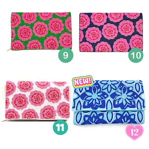 May include: Four rectangular beaded clutch bags. Number 9 features pink flowers on a green background. Number 10 has pink flowers on a black background. Number 11 displays pink flowers on a white background. Number 12 shows blue floral patterns.