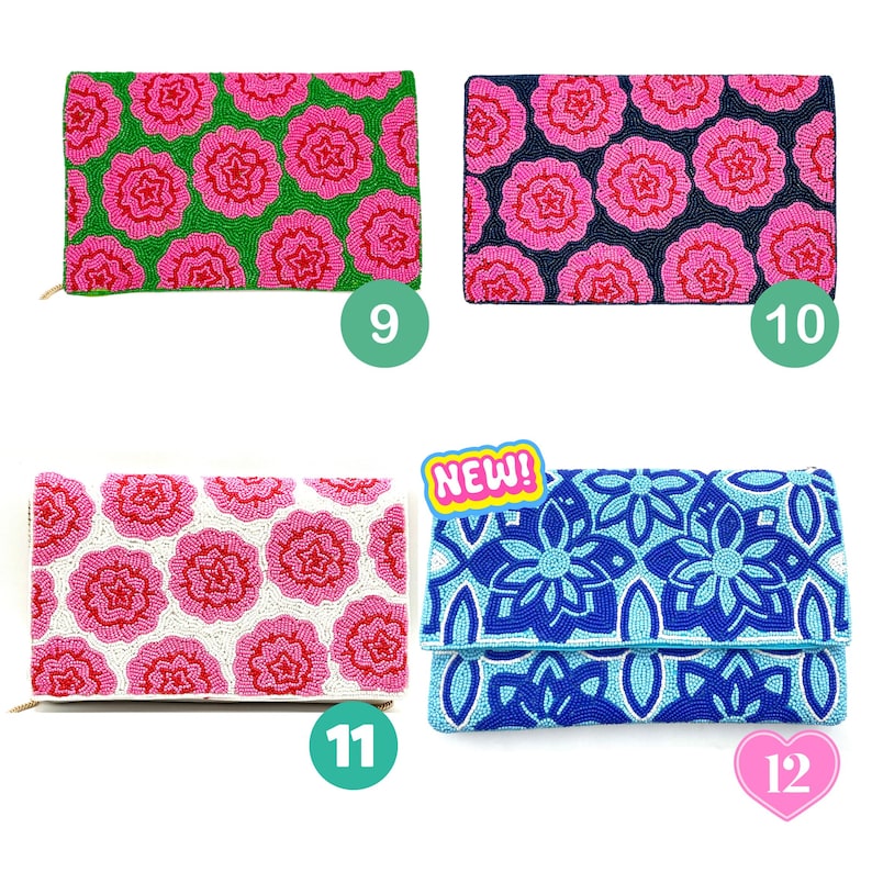 May include: Four rectangular beaded clutch bags. Number 9 features pink flowers on a green background. Number 10 has pink flowers on a black background. Number 11 displays pink flowers on a white background. Number 12 shows blue floral patterns.