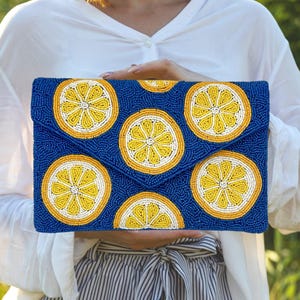 Lemon Beaded Clutch: Tropical Handbag with Silver Chain Strap