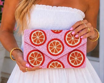 Pink Beaded Clutch, Orange Fruit Beaded Purse Crossbody Bag, Summer Gifts for Her