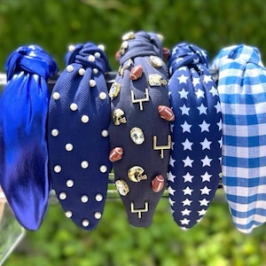 Blue Knotted Headband Football Blue Headbands for Women, Blue Hair Accessories, Blue Gingham Headbands, Preppy Game Day Accessories