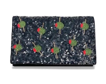 Martini-Handtasche, Martini-Clutch, schwarze Pailletten-Perlen-Tasche mit Goldkette, Handtasche für festliche Anlässe