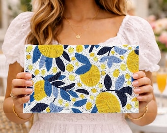 Lemon Clutch, Blue Floral Beaded Bag, Summer Purse with Crossbody Chain Strap