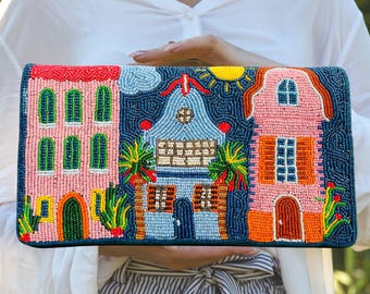 Colorful Coastal Beaded Handbag, Summer Clutch Purse Crossbody Bag Vacation Gift for Her