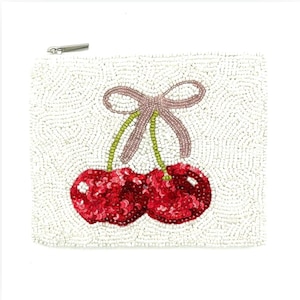 Preppy Cherry Beaded Coin Purse, Beaded Cherry Bag, Sparkling Cherry Design with Pink Bow, Cute Birthday Gift, Perfect for Best Friends