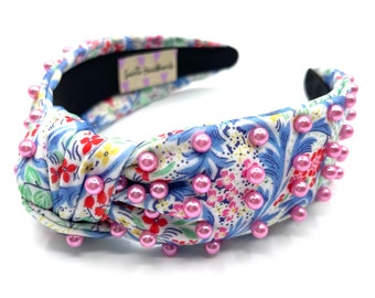 Blue Floral Headbands Pink Pearl Beaded Headbands for Women  display picture 1