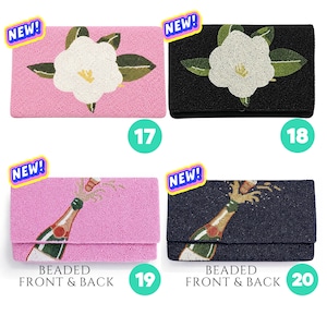 May include: Four rectangular beaded clutch bags. Two feature a white flower with green leaves on pink or black backgrounds. Two feature a champagne bottle popping with gold bubbles on pink or navy blue backgrounds. Each bag is labeled with a NEW sticker.