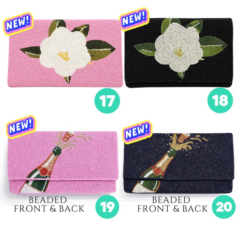 May include: Four rectangular beaded clutch bags. Two feature a white flower with green leaves on pink or black backgrounds. Two feature a champagne bottle popping with gold bubbles on pink or navy blue backgrounds. Each bag is labeled with a NEW sticker.
