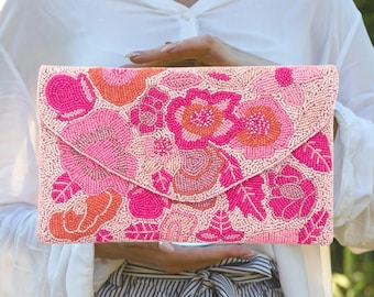 Pink Floral Beaded Clutch Purse;  Summer Party Purse with Silver Chain