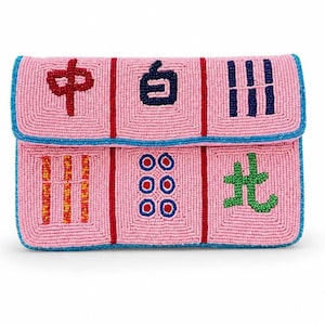 May include: A rectangular clutch bag covered in pink beads with a blue beaded border. The front features six panels separated by red beaded lines, displaying various Mahjong tile symbols in red, dark blue, orange, yellow, and green beads.