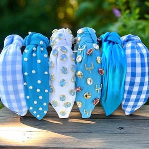 Blue Knotted Headband: Gingham, Pearls & Football - Game Day Accessory