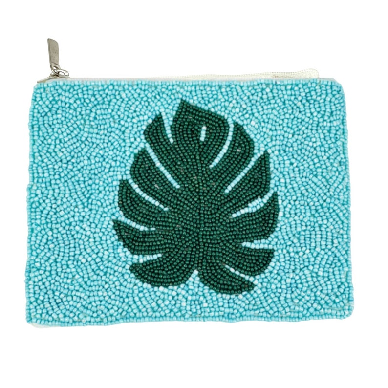 Summer Coin Purse Beaded Wallet Zipper Pouch Summer Beach Bag Accessories for Women and Girls Monstera Leaf