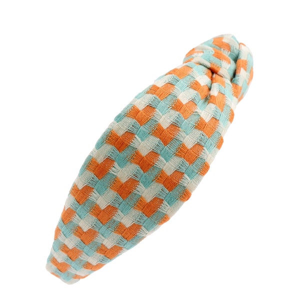 Coral Padded Knot Headband Women Easter Hairband in Coral and Aqua Blue Geometric Pattern