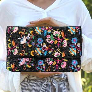 Floral Purse Clutch Bag, Beaded Clutch Purse, BOHO Beaded Purse, Beaded Crossbody Bag for Women, Summer Bag