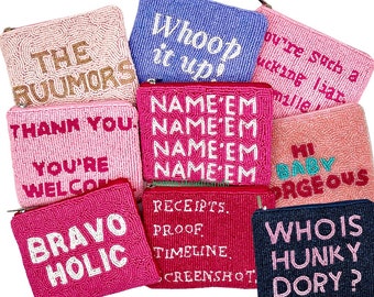 BRAVO Coin Purse Name em Real Housewives Gifts Preppy Beaded Bag Pink Beaded Wallet Change Purse, Rhobh Gifts Housewives Beverly Hills