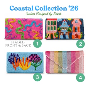 May include: Four rectangular beaded clutch bags labeled Coastal Collection '26 Custom Designed by Saints. Bag 1 is pink with snakes. Bag 2 shows colorful buildings. Bag 3 features coral reef motifs on light blue. Bag 4 has vertical rainbow stripes.