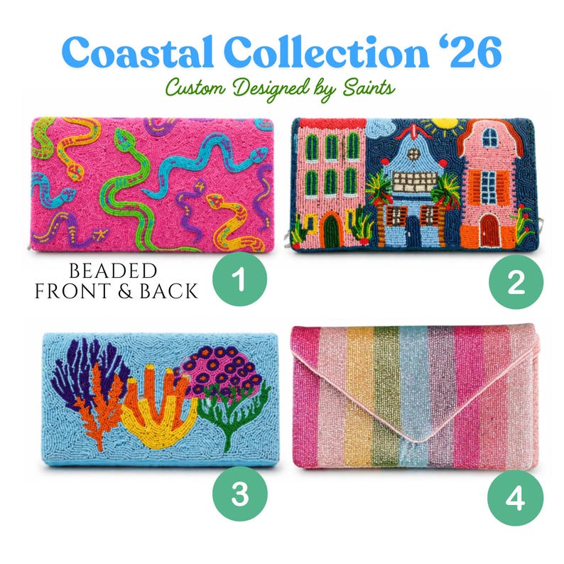 May include: Four rectangular beaded clutch bags labeled Coastal Collection '26 Custom Designed by Saints. Bag 1 is pink with snakes. Bag 2 shows colorful buildings. Bag 3 features coral reef motifs on light blue. Bag 4 has vertical rainbow stripes.