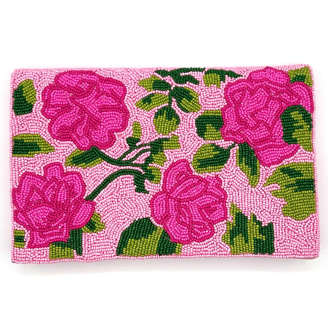 Hand beaded pink bows and green trellis clutch