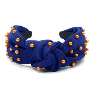 Blue Knotted Headband with Orange Pearls: Women&#39;s Hair Accessory