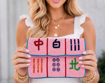 Mahjong Bag Beaded Clutch Purse, Pink Mahjong Tile Bag, Mahjong Gift for Women, Girls Trip and Game Night