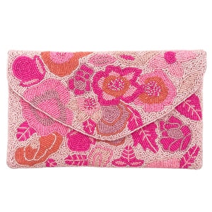 Sac à main rose Pochette fleurie et perles Sac de vacances rose et orange