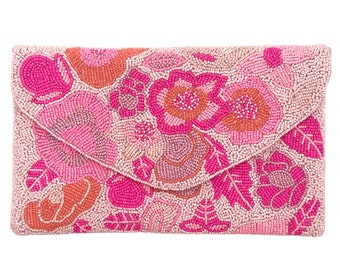 Floral Beaded Clutch, Hot Pink Purse Clutch, Spring Clutch for Summer Pink Crossbody Purse, Pink Bag, Pink Clutch