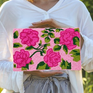 Pink Floral Beaded Clutch Bag: Summer Crossbody Purse