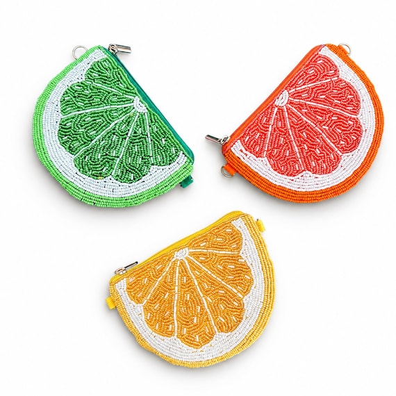 Citrus Beaded Coin Purse, Crossbody Pouch, Beaded Bag with Gold Chain & Clip-On Loops
