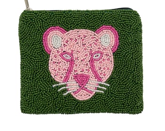 Pink Leopard Beaded Coin Purse Preppy Wallet Zipper Pouch Cute Easter Basket Gifts Women & Girls